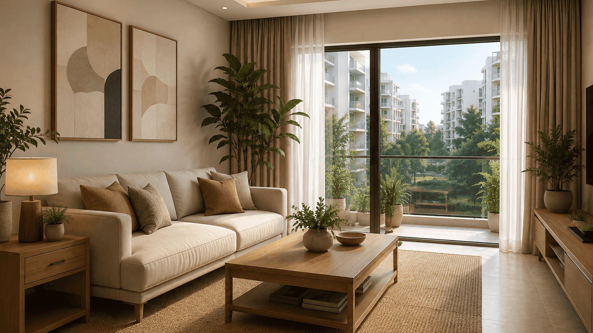 A family together in a GM Group apartment overlooking the Kolkata skyline