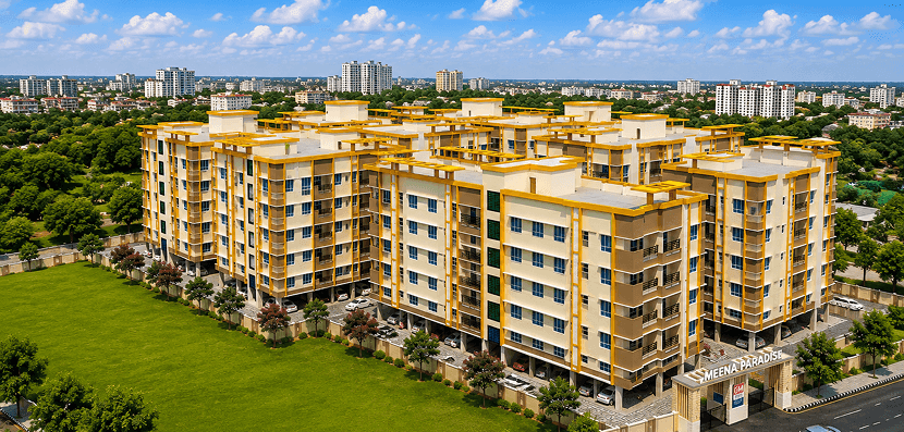 The Meena Heights facade from the landscaped courtyard